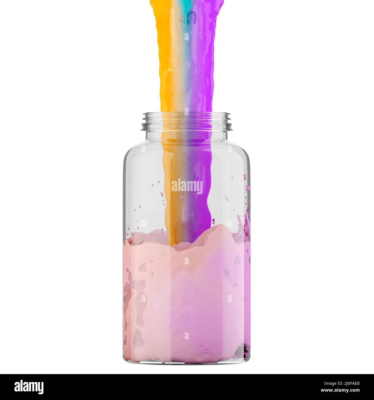 Un flusso multicolore si riversa in un vaso trasparente su uno sfondo bianco. Rendering 3D Foto Stock