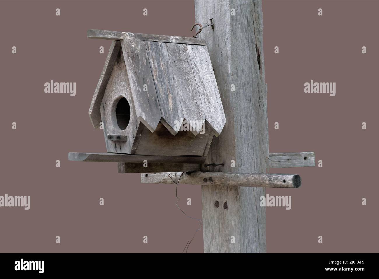 Graziosa birdhouse in legno agganciata ad un palo di legno, su fondo marrone isolato con percorso di taglio. Foto Stock
