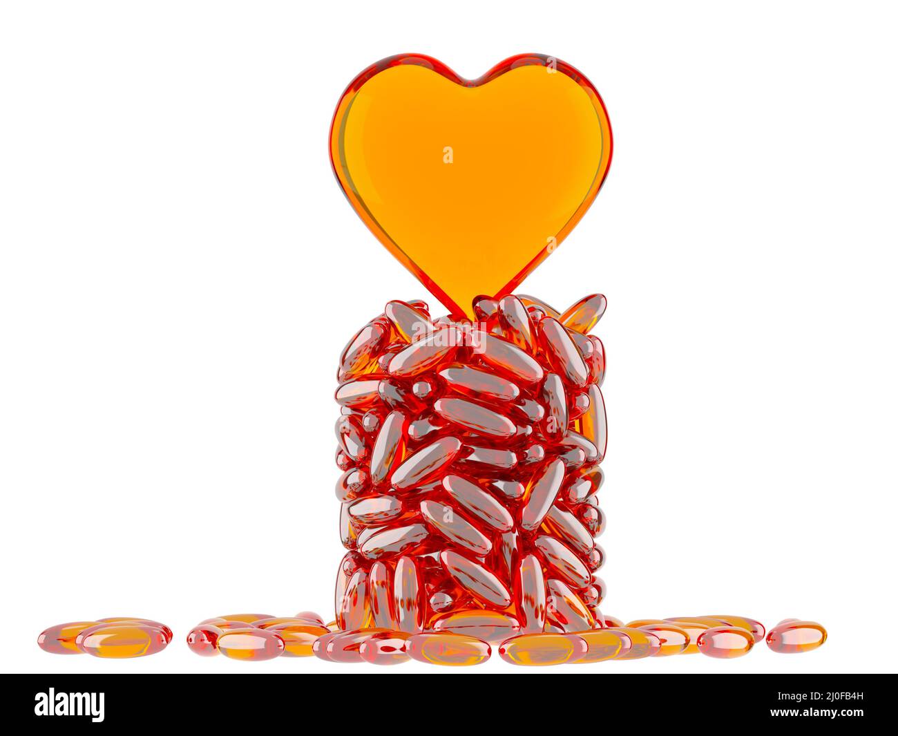 Un gran numero di capsule di olio di pesce con un cuore sulla parte superiore su uno sfondo bianco. Rendering 3D Foto Stock