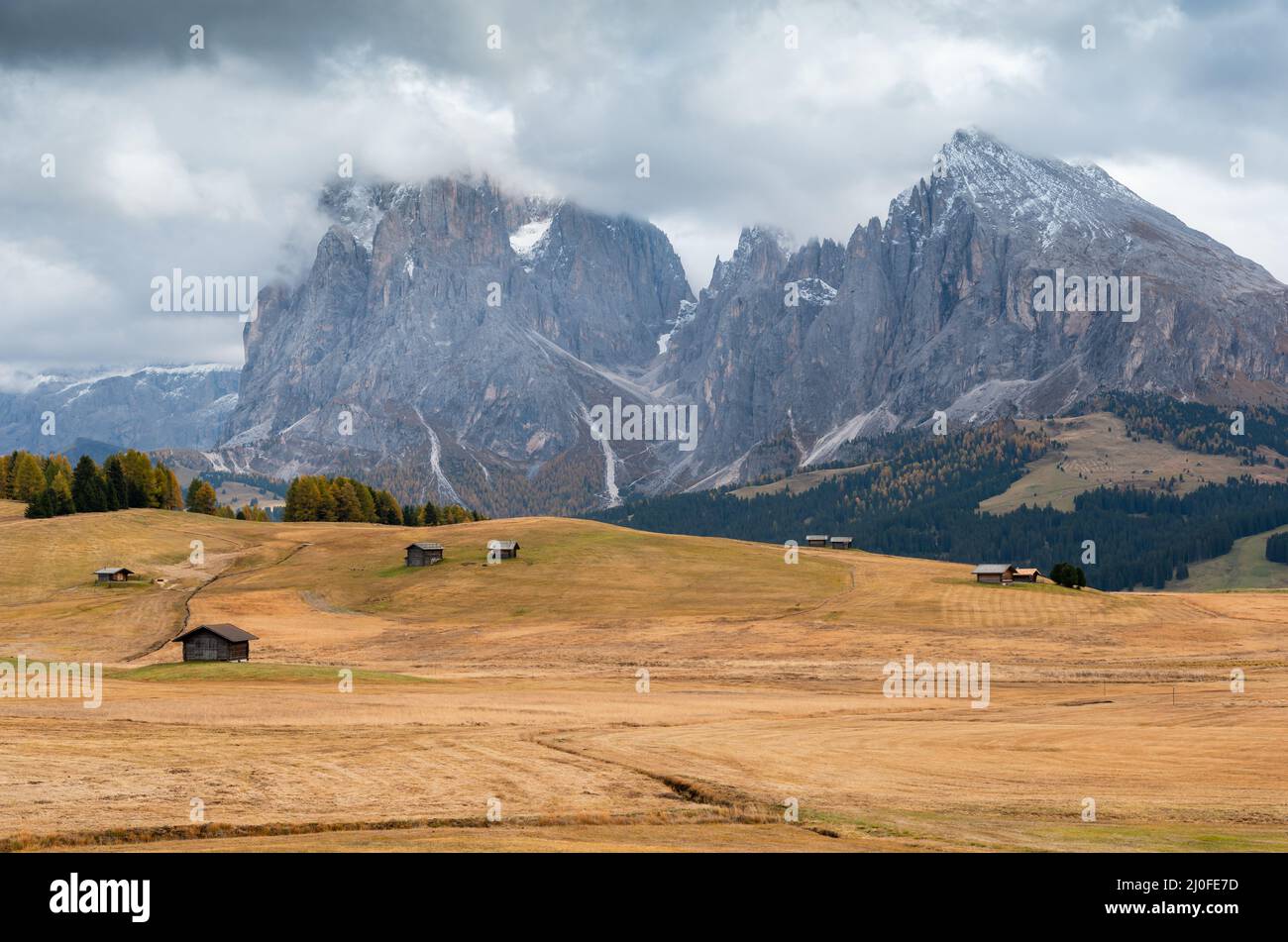 Paesaggio con cime rocciose dolomitiche nella valle dell'Alpe di siusi in Italia Foto Stock