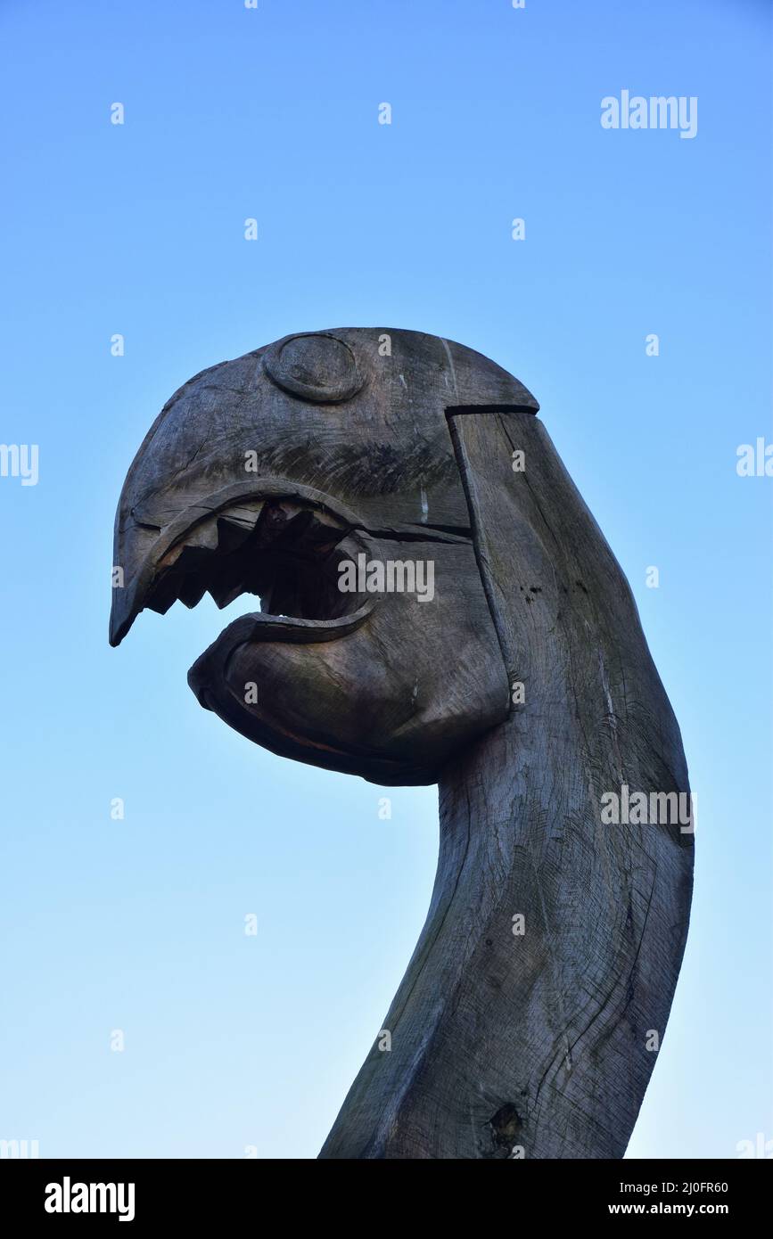 testa del drago della barca anglosassone, parco di campagna di stivaggio ovest, inghilterra Foto Stock