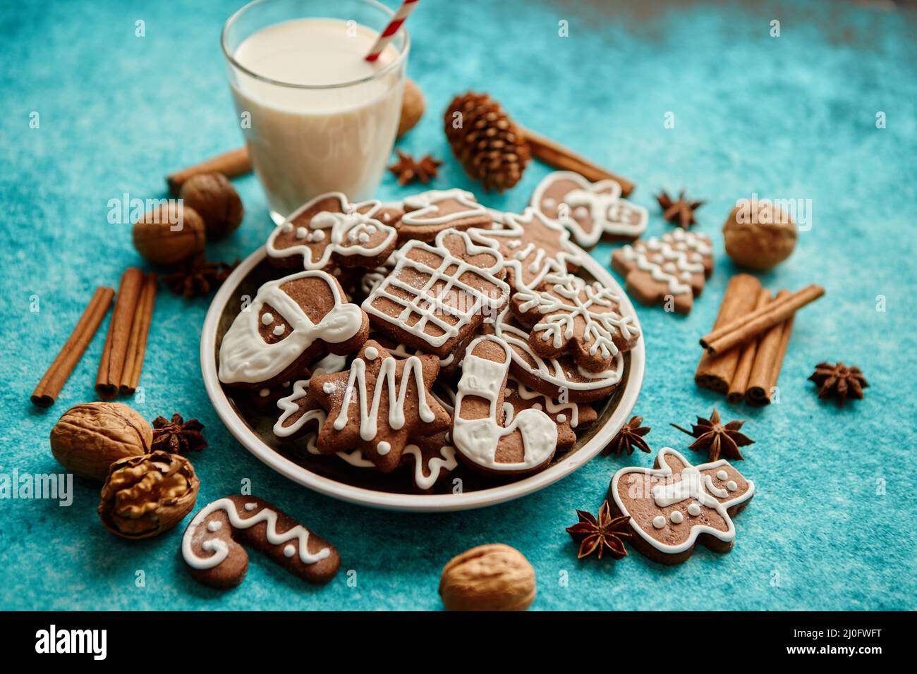 Dolce Natale composizione. Assortimento di gingerbread cookie su una piastra Foto Stock