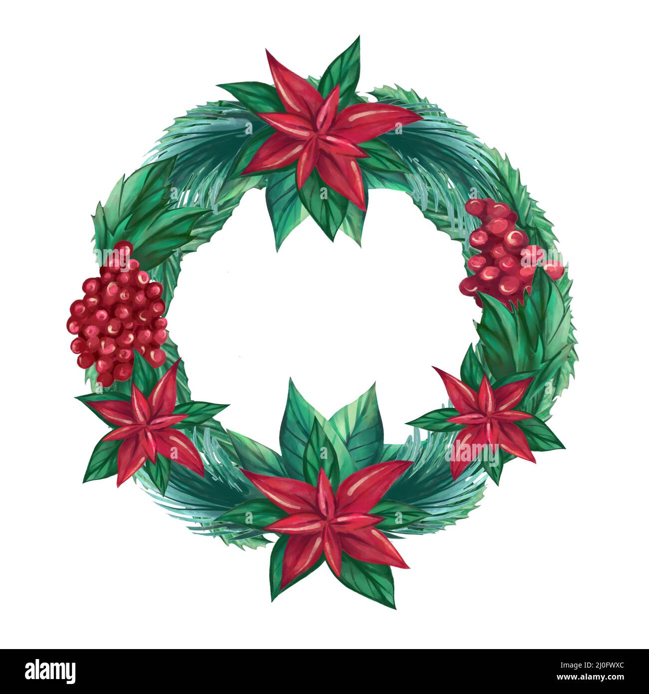 Corona di Natale fatta di bacche, ramoscelli e Poinsettia. Corona acquerello Foto Stock