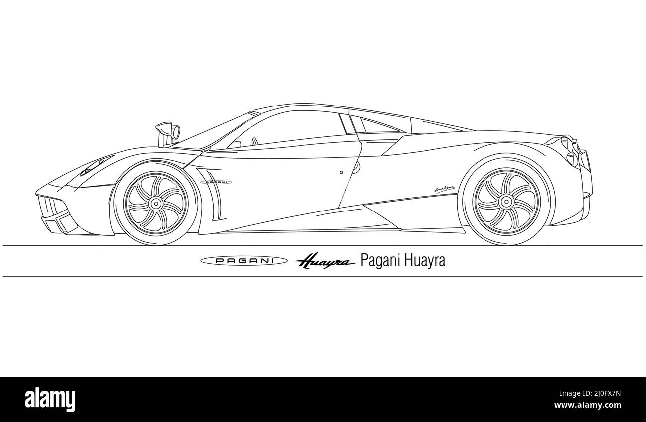 Modena, Italia, anno 2022, Pagani Huayra profilo super auto delineato, illustrazione Foto Stock