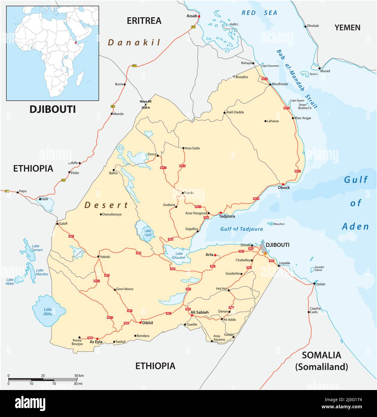 Mappa stradale vettoriale della repubblica africana Orientale di Gibuti Illustrazione Vettoriale