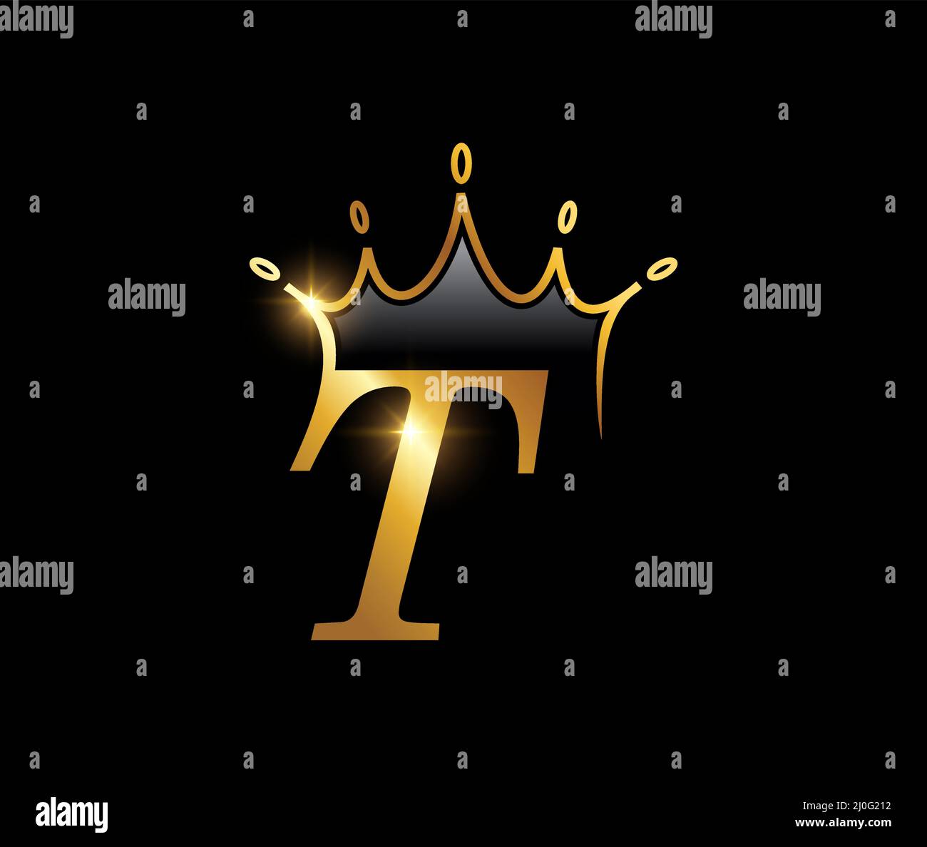 Un'illustrazione vettoriale della lettera iniziale T del logo del monogramma della corona d'oro Illustrazione Vettoriale