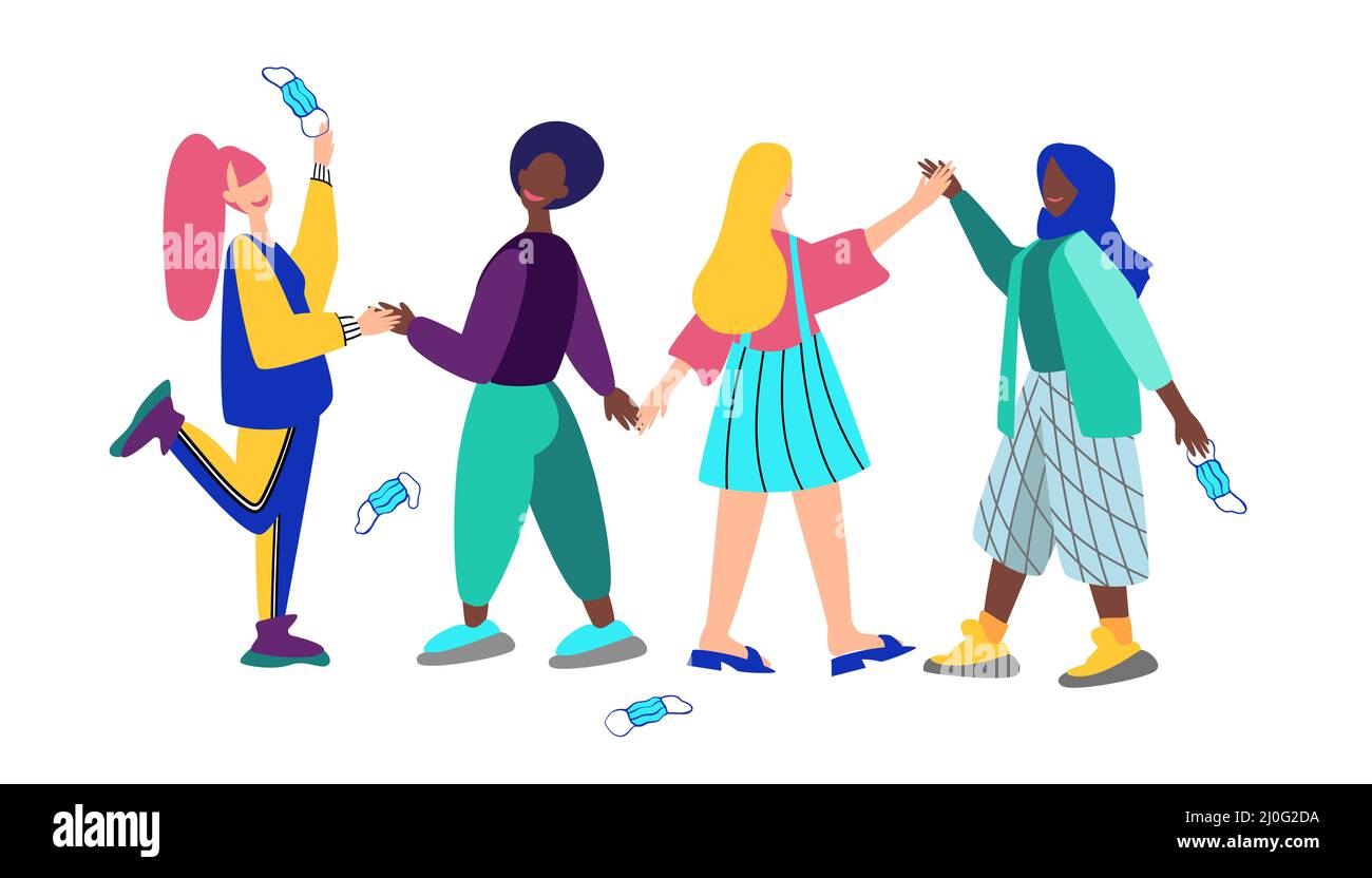 Un gruppo di donne di diverse nazionalità gettano maschere mediche. Foto Stock