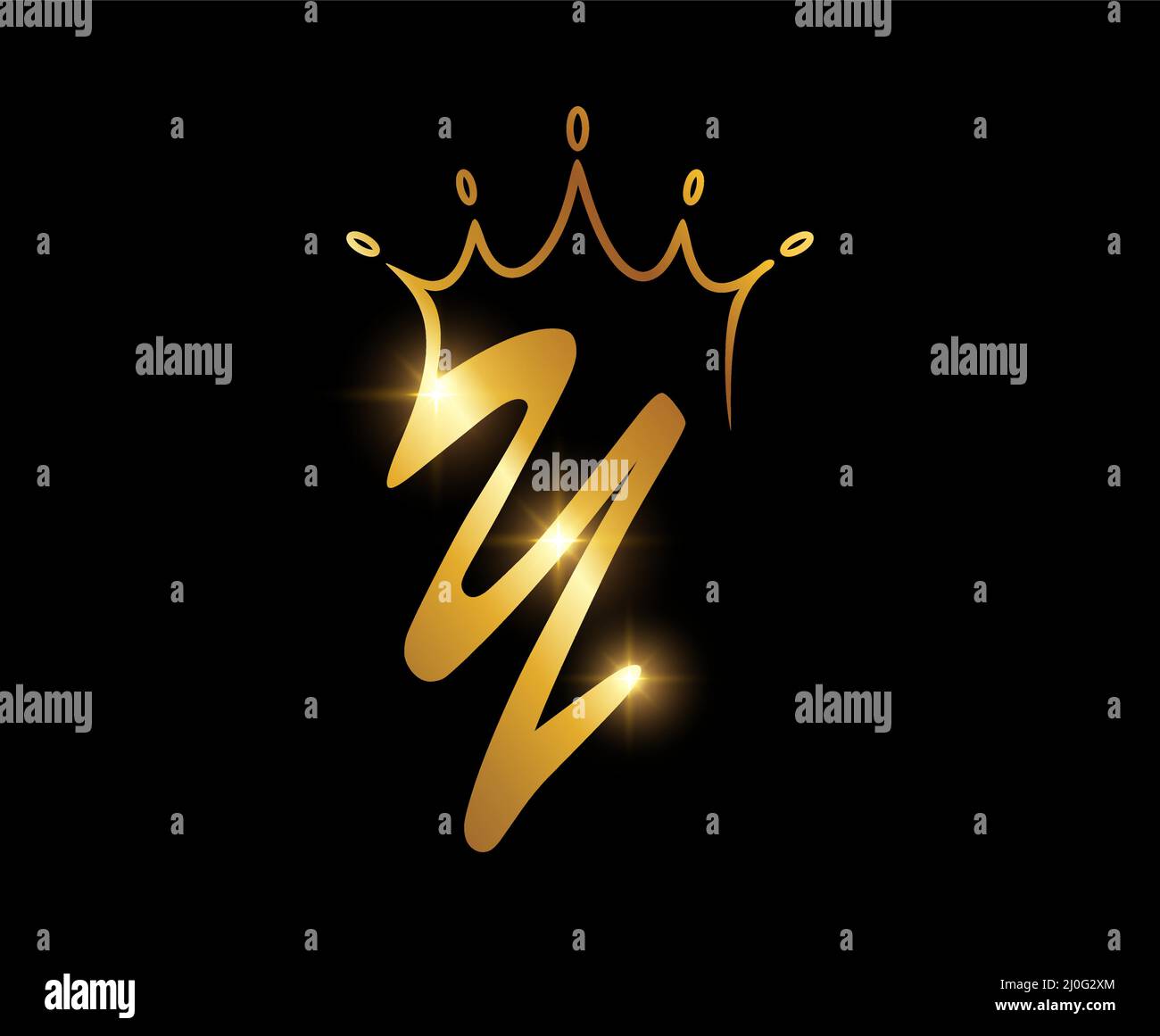 Un'illustrazione vettoriale del logo Golden Crown Monogram lettera iniziale Y su sfondo nero con effetto lucentezza oro, lettera y di lusso, Illustrazione Vettoriale