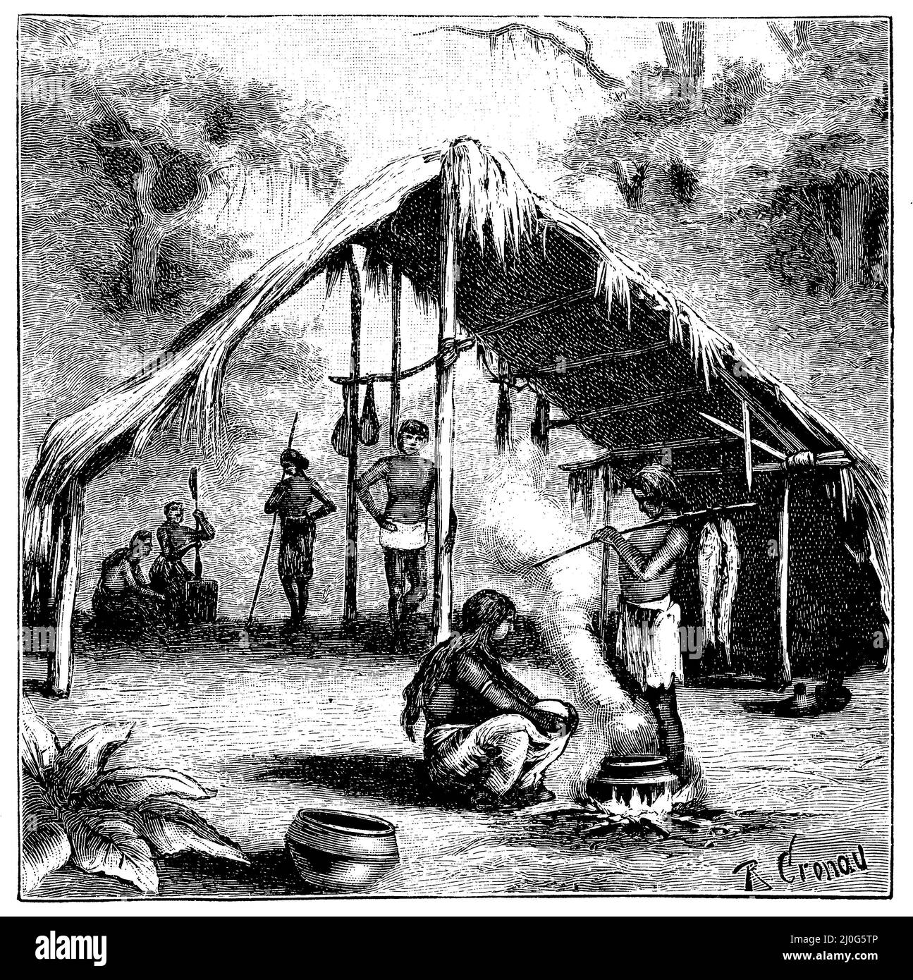 Capanna di nativi sulla parte superiore del Rio delle Amazzoni, , R. Cronau (, 1906), Hütte von Eingeborenen am oberen Amazonenstrom, Cabane d'indigènes sur le haut fleuve Amazone Foto Stock