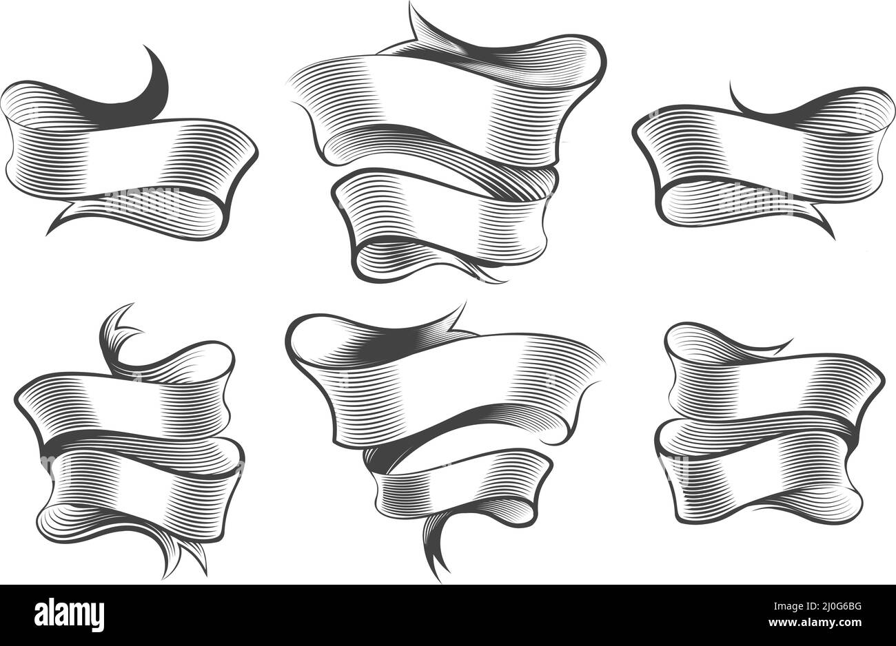 Set di striscioni a nastro per incisione vintage disegnati a mano isolati su bianco. Illustrazione vettoriale Illustrazione Vettoriale