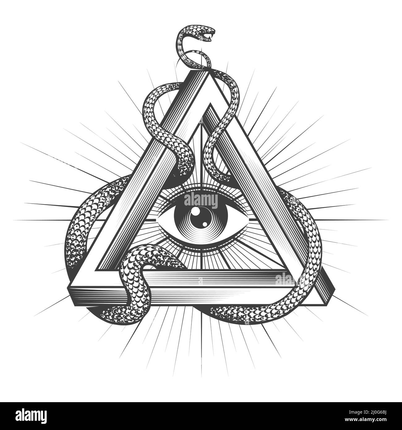 Tatuaggio di Masonic All Seeing Eye dentro Triangolo con serpente di saggezza isolato su bianco. Illustrazione vettoriale. Illustrazione Vettoriale