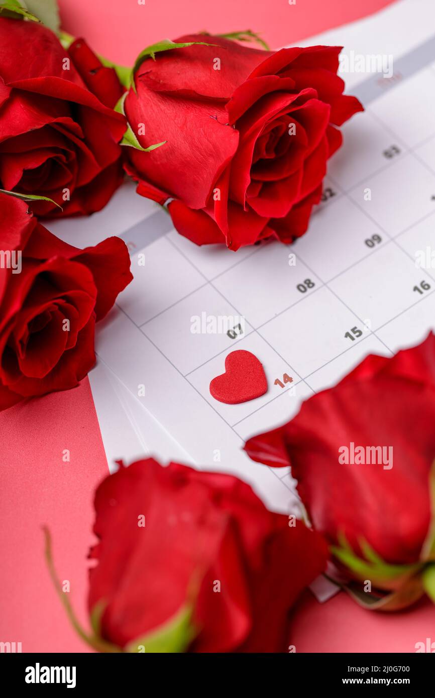 San Valentino. Cuori e rose rosse sulla pagina Calendario. 14 febbraio di San Valentino. Sfondo rosa. Foto Stock