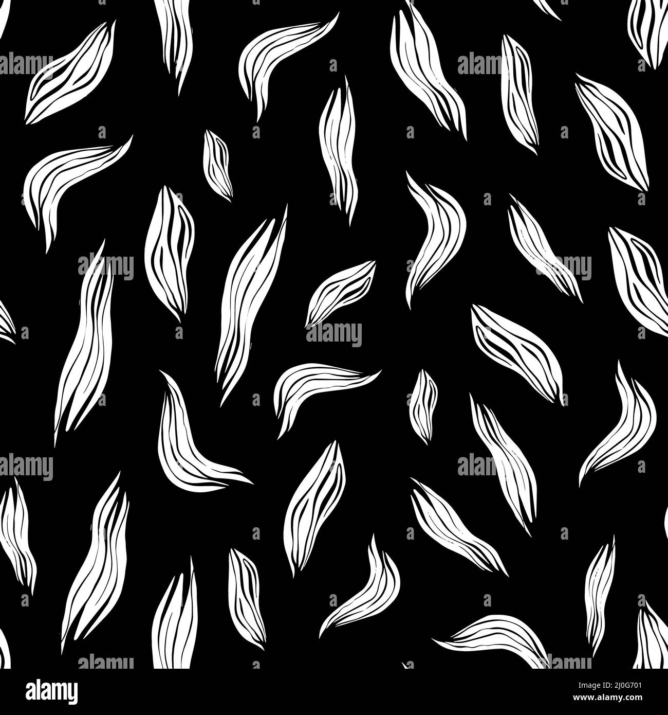 Motivo bianco foglie su sfondo nero.motivo in stile scandinavo Foto Stock