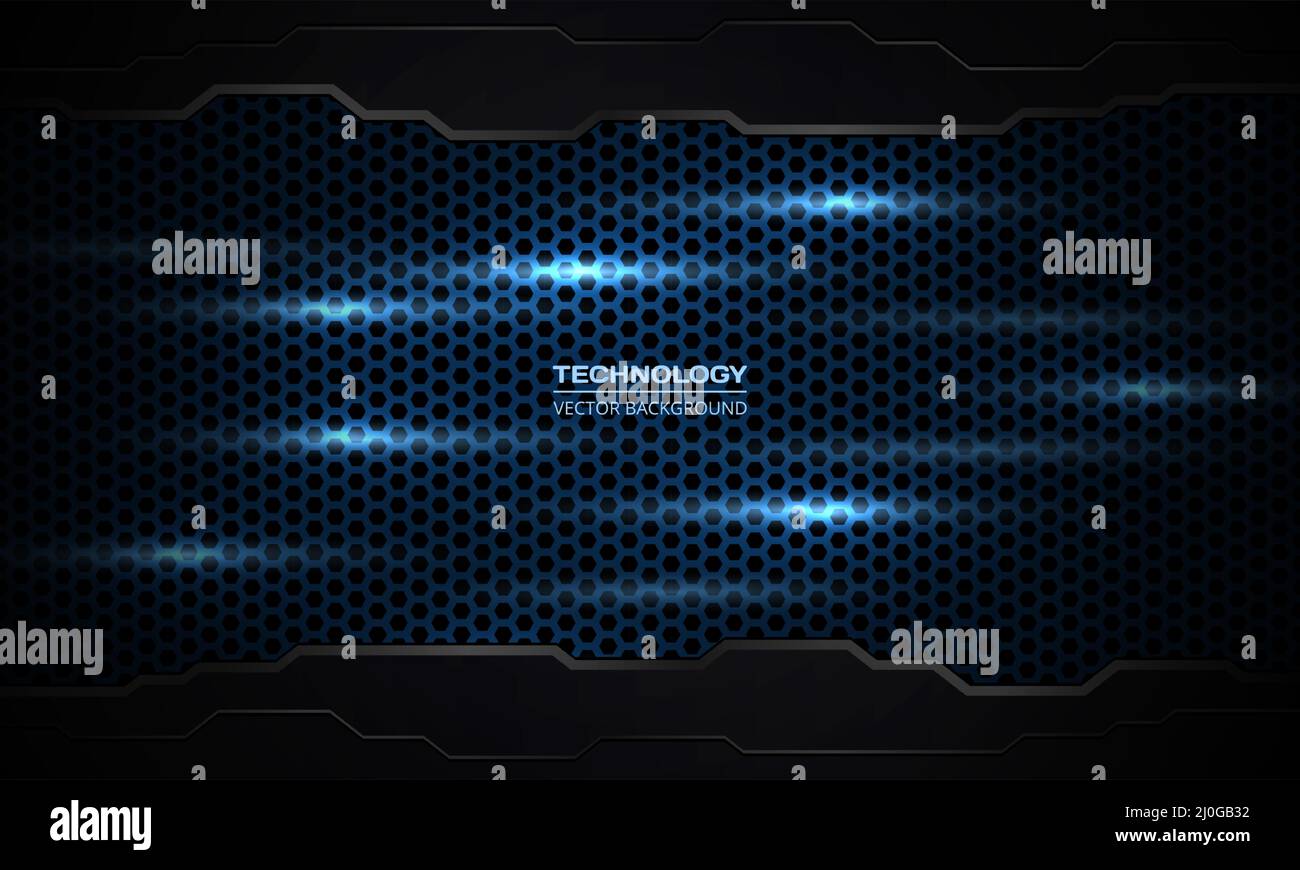 Tecnologia esagonale blu scuro sfondo in fibra di carbonio con lampi luminosi e bordi del telaio dalle forme tecnologiche. Background vettoriale astratto a nido d'ape tecnologico Illustrazione Vettoriale