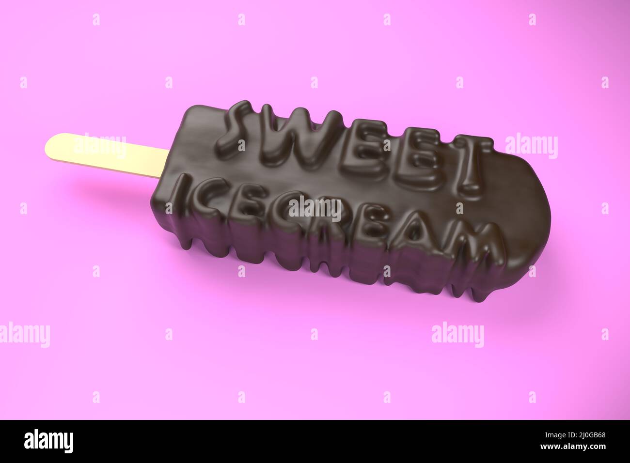 Testo in sicecream dolce sul gelato al cioccolato classico isolato sopra immagine 3d su sfondo rosa Foto Stock