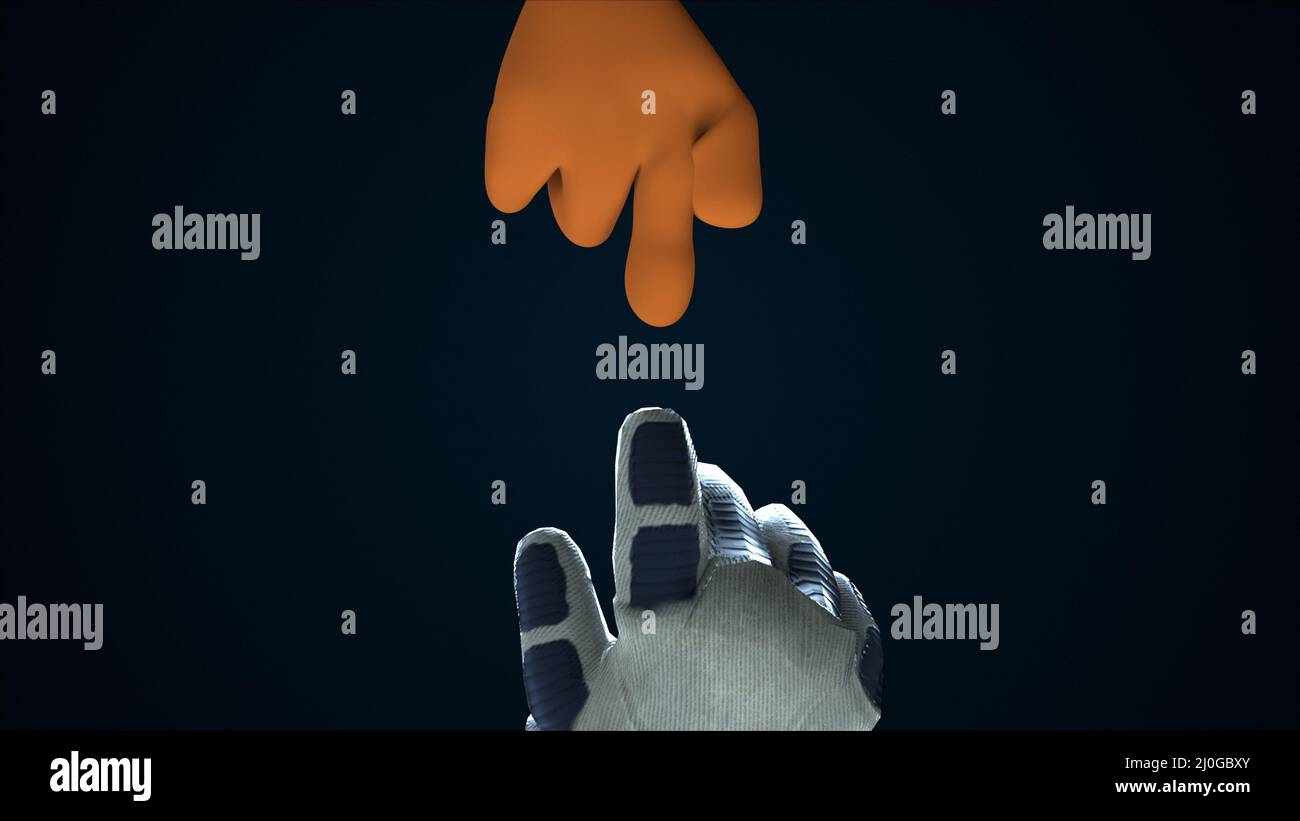 Due mani che si raggiungono l'una verso l'altra nello spazio, il rendering 3d. Sfondo cartoon generato dal computer. Foto Stock