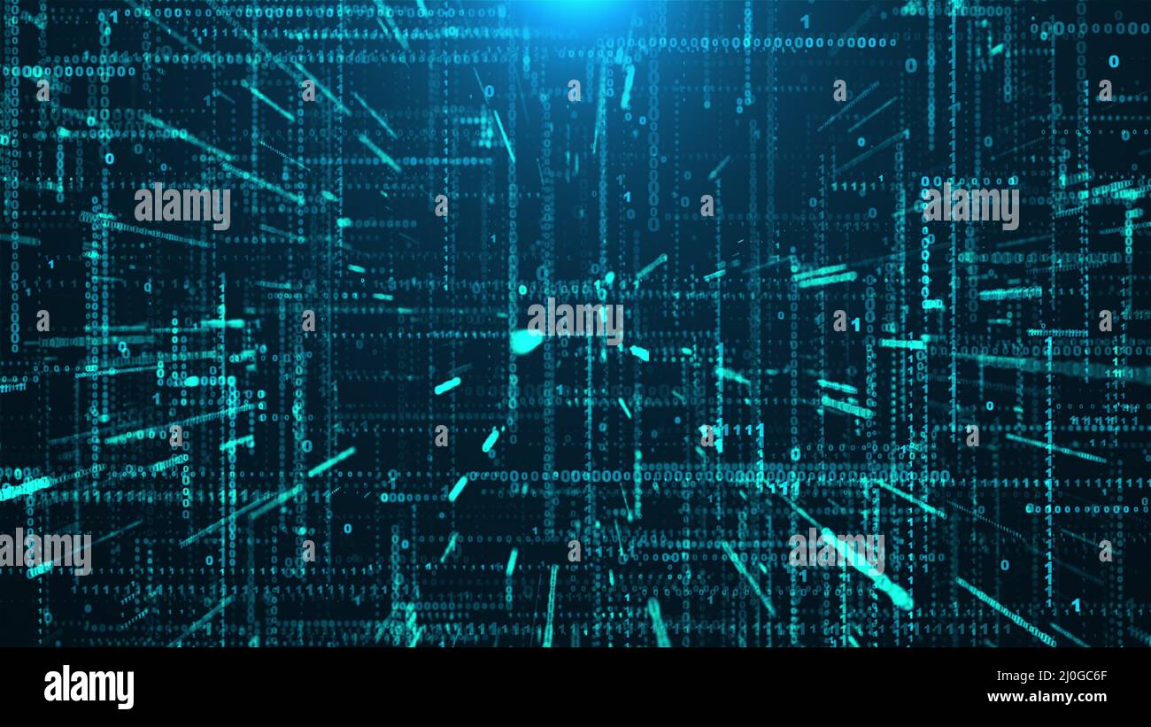Flusso di dati binari, generato dal computer. 3d rendering della tecnologia scientifica. Sfondo digitale moderno Foto Stock