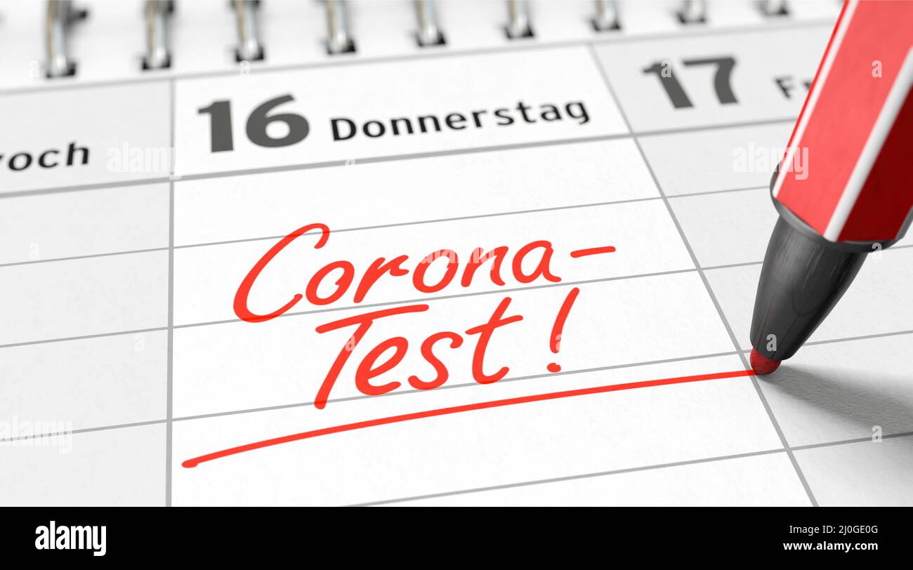 Scrivere la data per il test Corona nel calendario Foto Stock