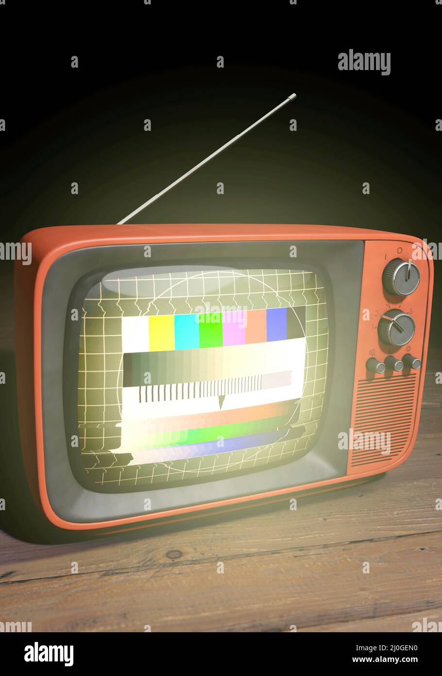 Un televisore retro rosso con immagine di prova in formato verticale Foto Stock