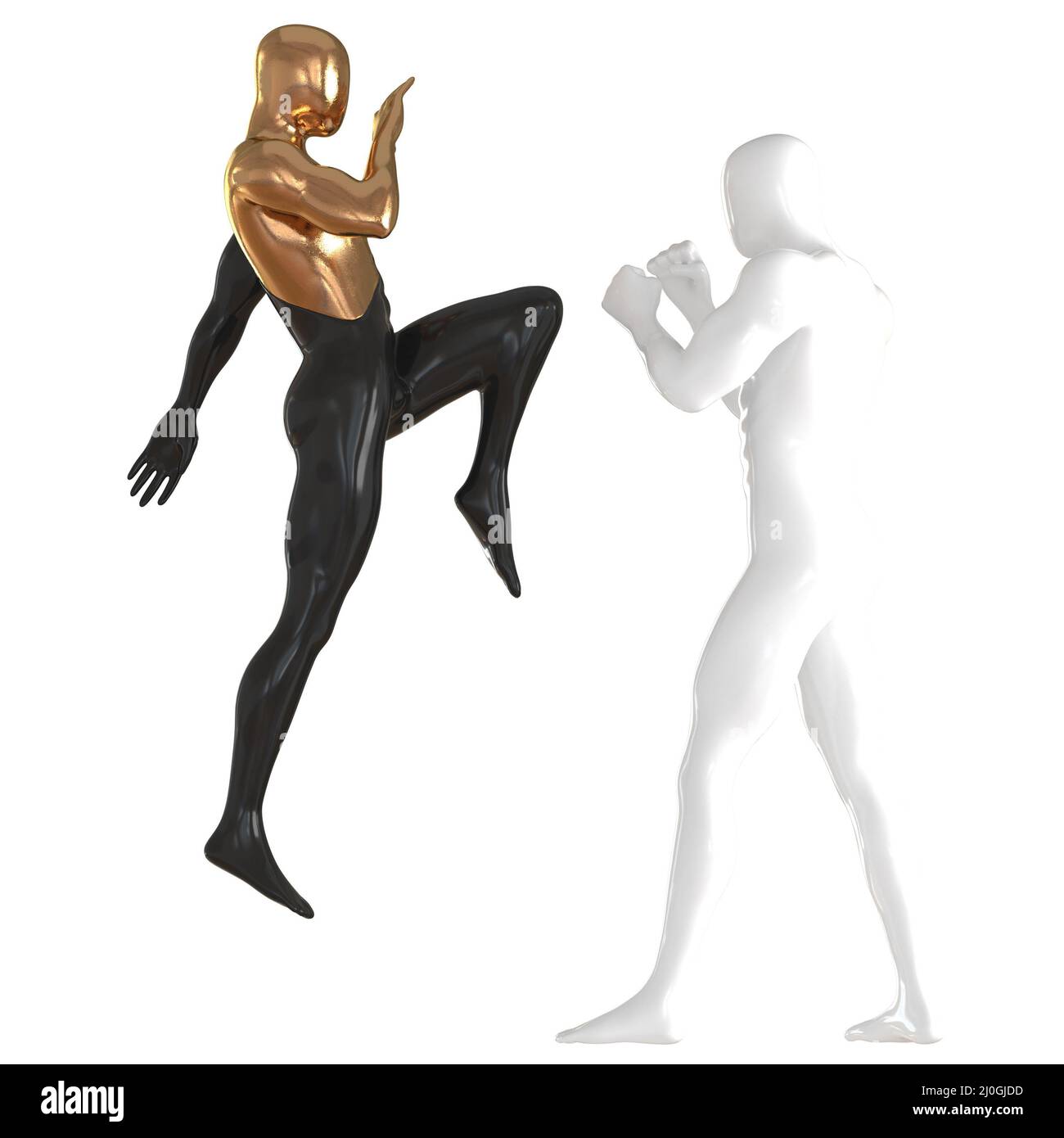 Due manichini bianco e nero-oro in una posa di atleti di allenamento su uno sfondo isolato. Vista laterale. 3d rendering Foto Stock