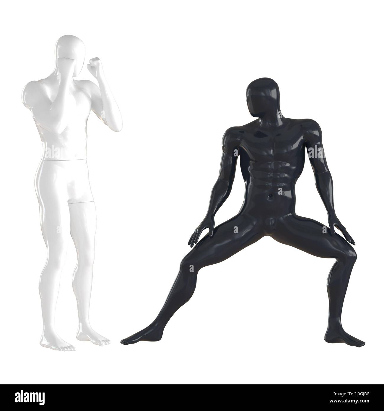 Due manichini maschi senza volto in bianco e nero in una posa di combattenti di allenamento su uno sfondo isolato. 3d rendering Foto Stock