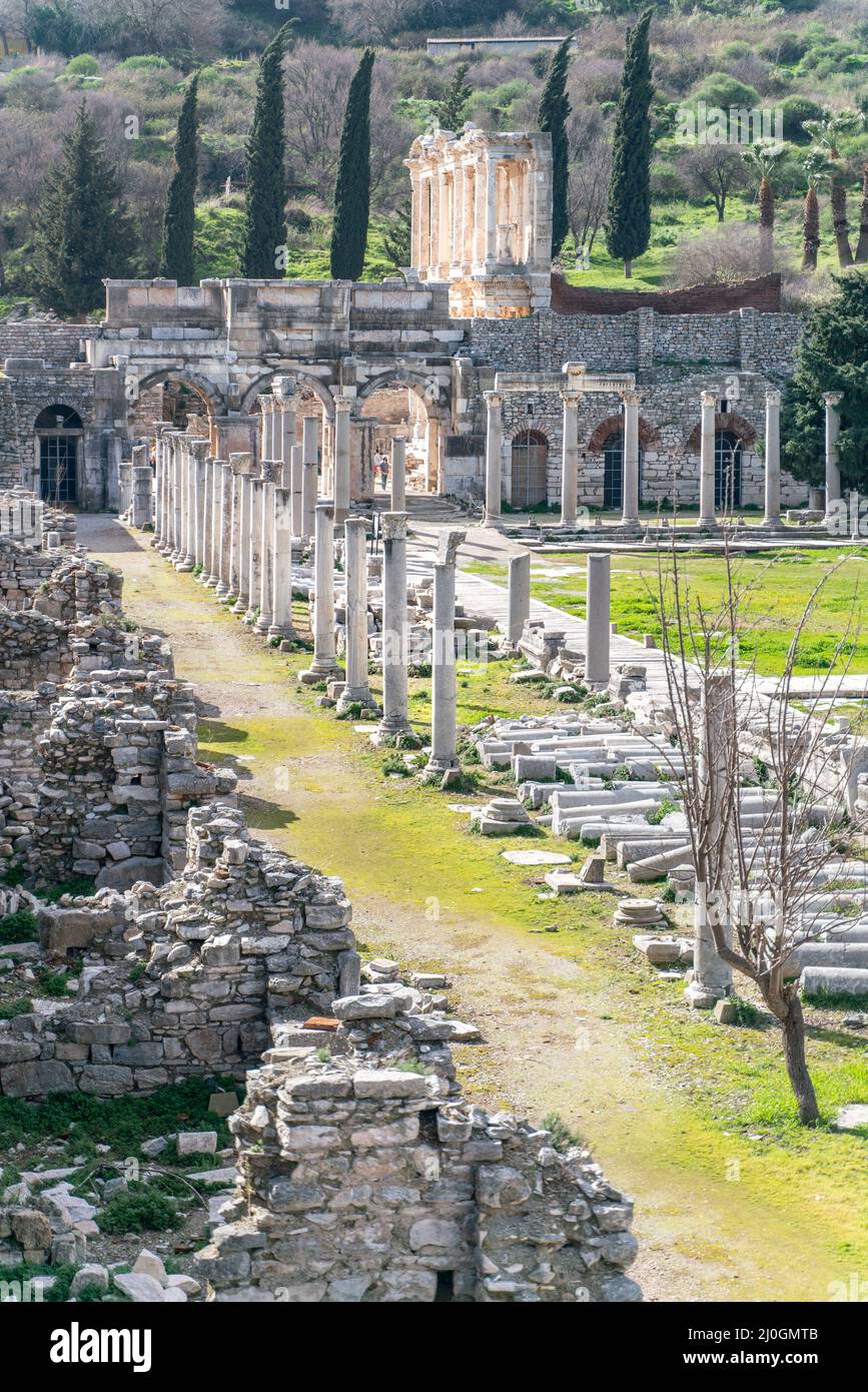 Selcuk, Izmir, Turchia - colonne di Memmio Monumento in Efeso rovine, storico antico siti archeologici romani nella parte orientale di M. Foto Stock