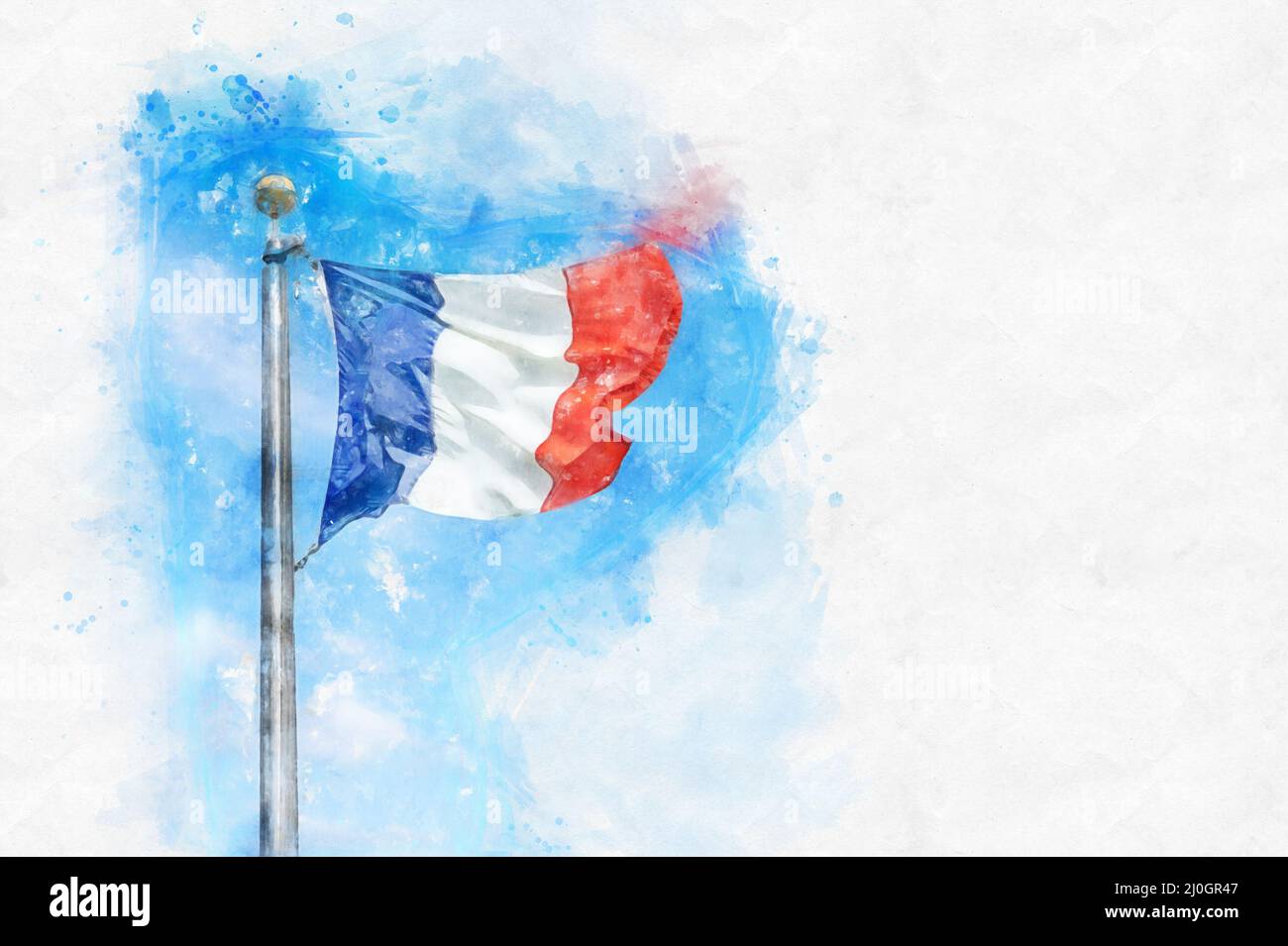 Disegno acquerello di una bandiera francese contro uno sfondo blu cielo Foto Stock