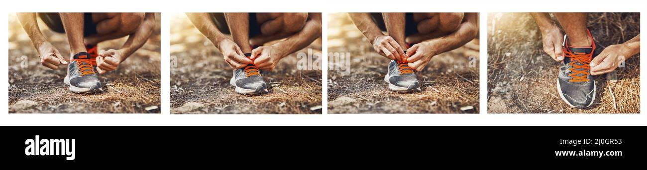 Come legare i vostri shoelaces. Scatto composito di una persona giovane che lega le loro scarpe passo dopo passo all'aperto prima di un allenamento. Foto Stock