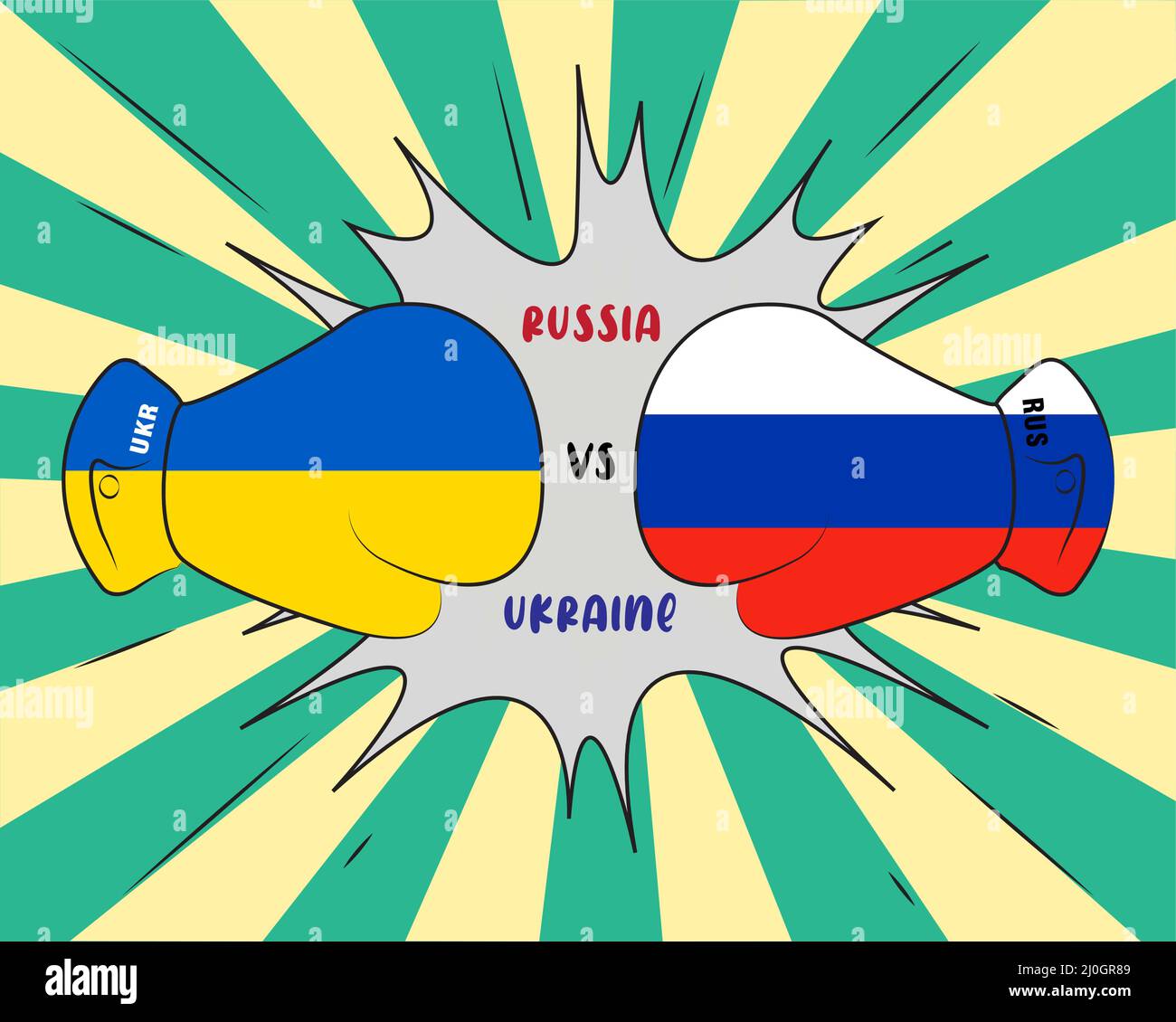 Vettore concetto di boxe basato sulla guerra Russia Ucraina con bandiera russa e bandiera Ucraina sovrapposizione , Russia vs Ucraina Illustrazione Vettoriale