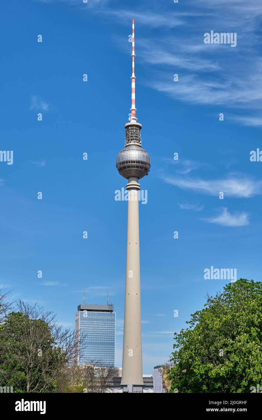 Il Fernsehturm, l'edificio più alto di Berlins, con un cielo blu chiaro Foto Stock