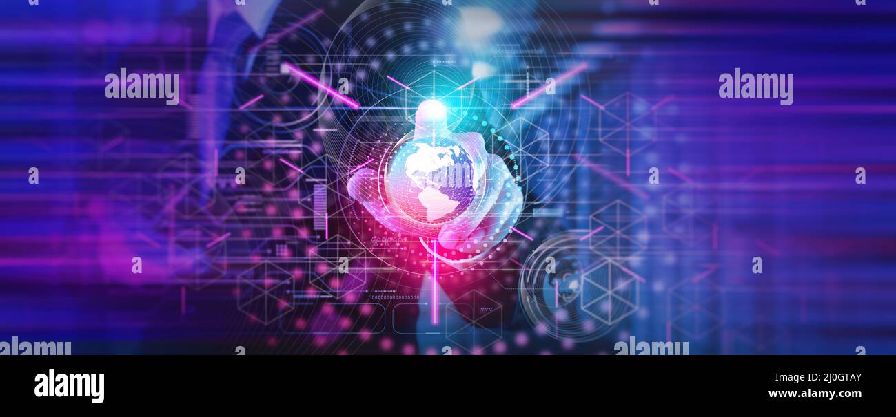 Metaverse digital cyber World Technology concept business successo lavorando con il suo team come concetto con interfaccia dashboard digitale virtuale con Th Foto Stock