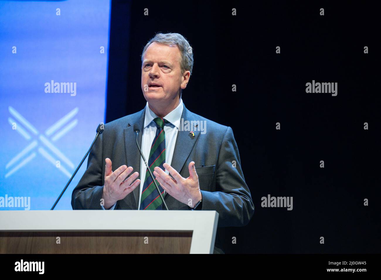 Il Segretario di Stato per la Scozia Alister Jack parla durante la Conferenza dei conservatori scozzesi al P&J Live, il Centro Esposizioni di Aberdeen. Data foto: Sabato 19 marzo 2022. Foto Stock