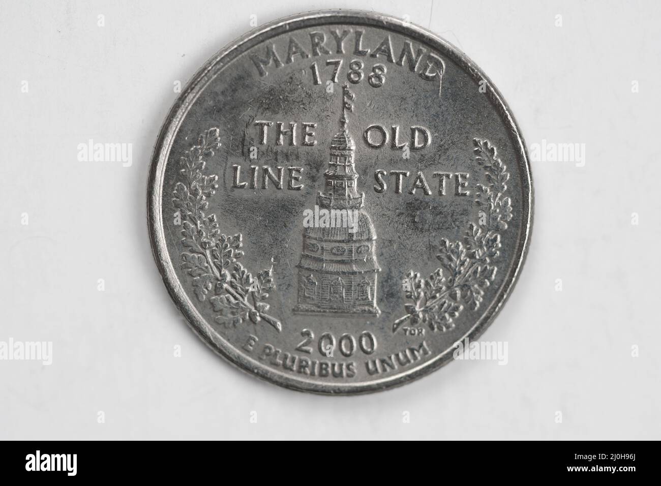 Una moneta da un quarto di dollaro (25 centesimi) con l'immagine del Maryland (il vecchio Stato della linea, o il libero Stato), Stati Uniti. Foto Stock