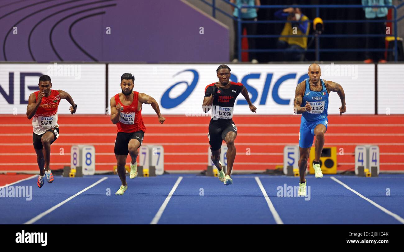 Belgrado, Serbia. 19th Mar 2022. Gli atleti si sfidano durante il caldo maschile del 60m al World Athletics Indoor Championships Belgrado 2022 a Stark Arena, Belgrado, Serbia, 19 marzo 2022. Credit: Predrag Milosavljevic/Xinhua/Alamy Live News Foto Stock