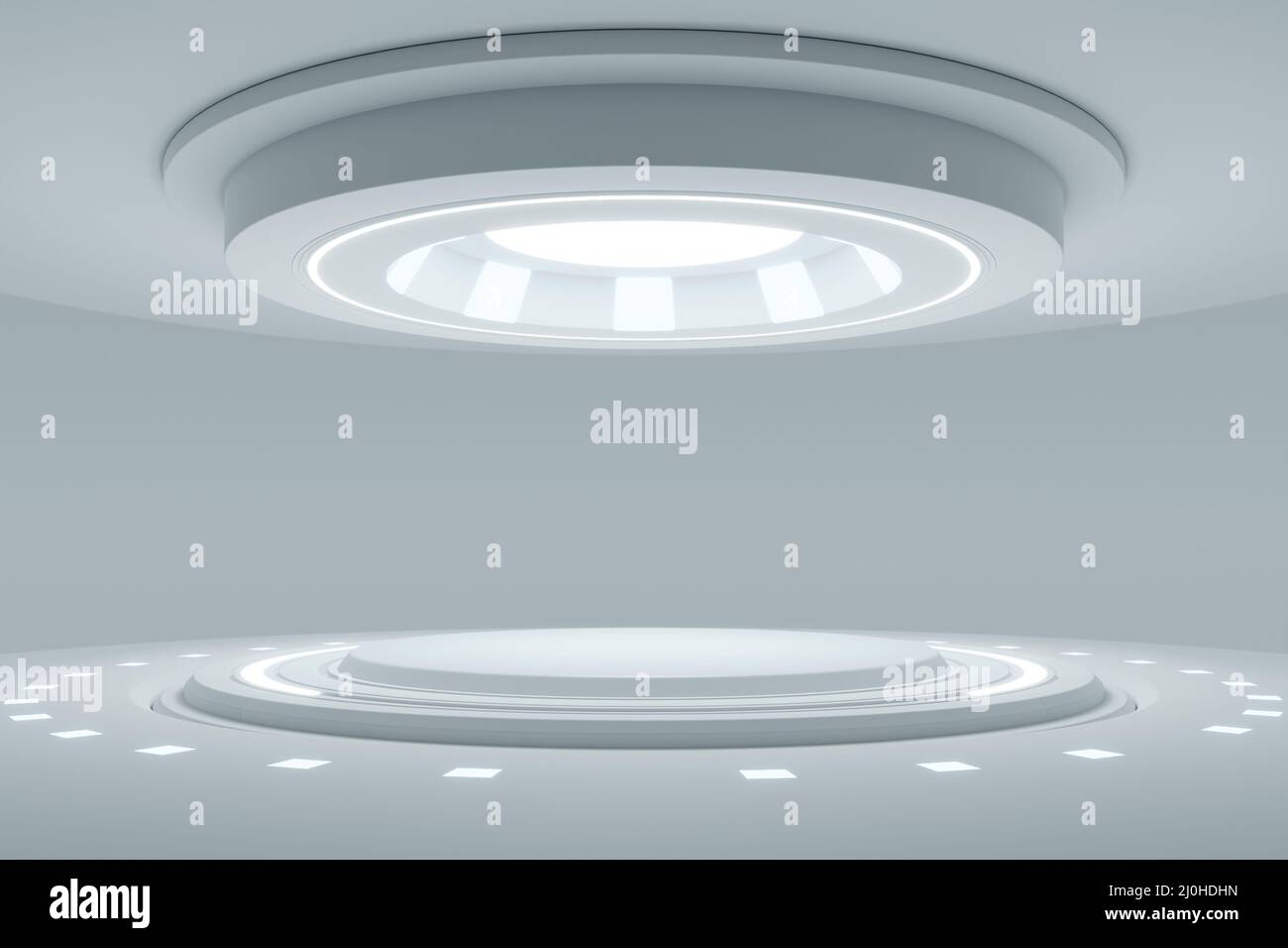 Vuoto bianco chiaro studio camera futuristica fantascienza grande sala con luci bianco.3D rendering Foto Stock
