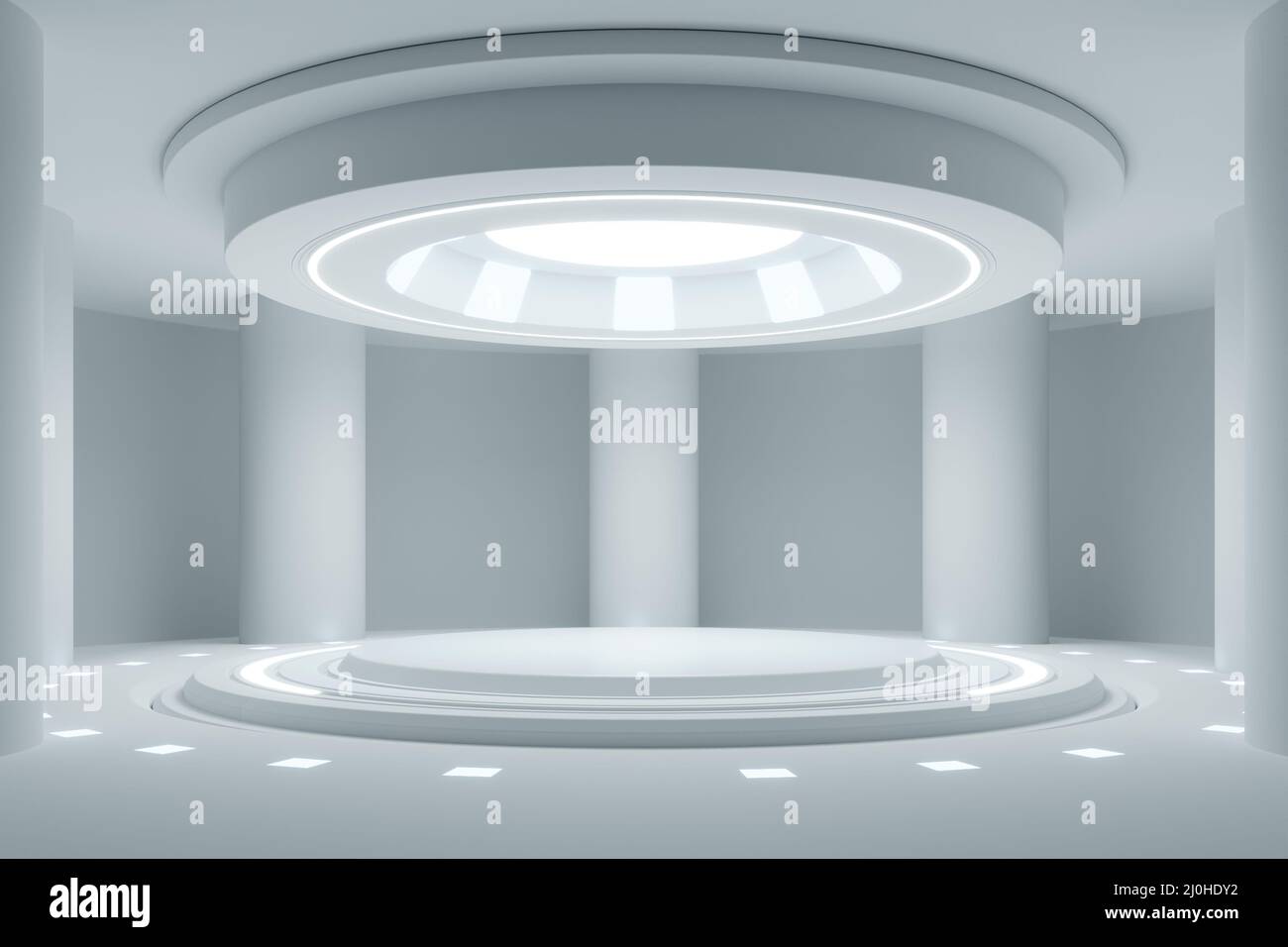 Vuoto bianco chiaro studio camera futuristica fantascienza grande sala con luci bianco.3D rendering Foto Stock