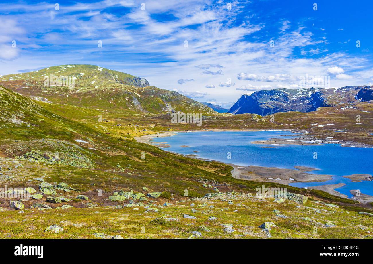 Incredibile lago di Vavatn panorama ruvido paesaggio massi montagne Hemsedal Norvegia. Foto Stock