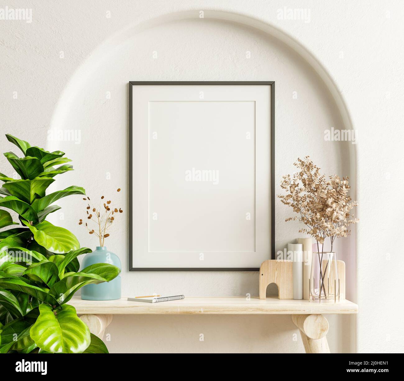 Poster interno mockup con cornice verticale nera in sfondo interno casa.3D rendering Foto Stock