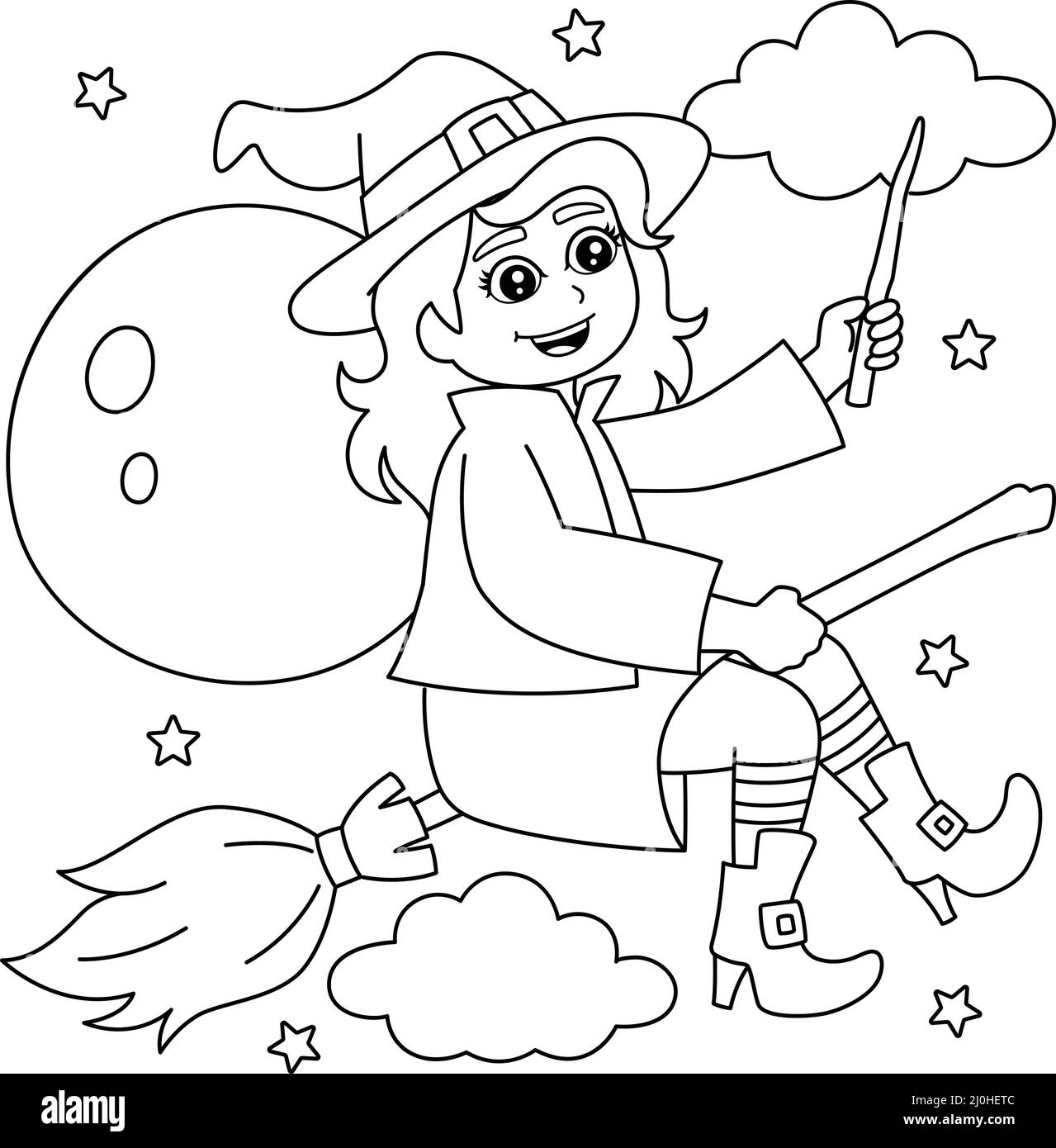 Ragazza della strega in Una pagina coloring del broomstick per i capretti Illustrazione Vettoriale