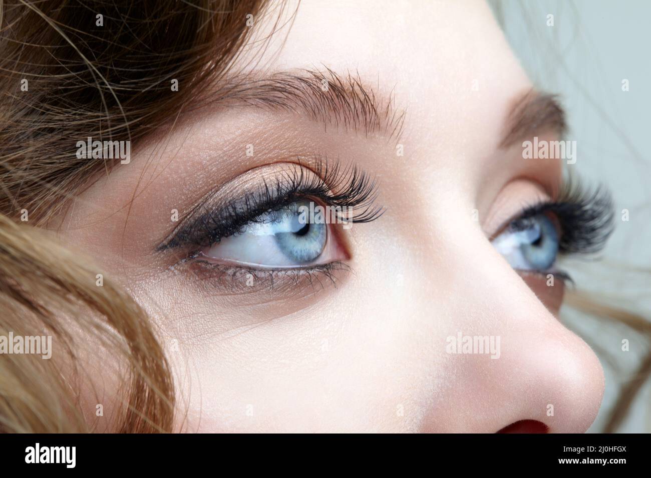 Closeup macro shot di occhi umani femmine blu. Donna con il trucco naturale di bellezza del viso. Foto Stock