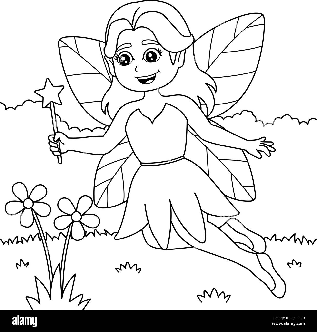 Fata Holding Magic Wand Coloring Page for Kids Illustrazione Vettoriale