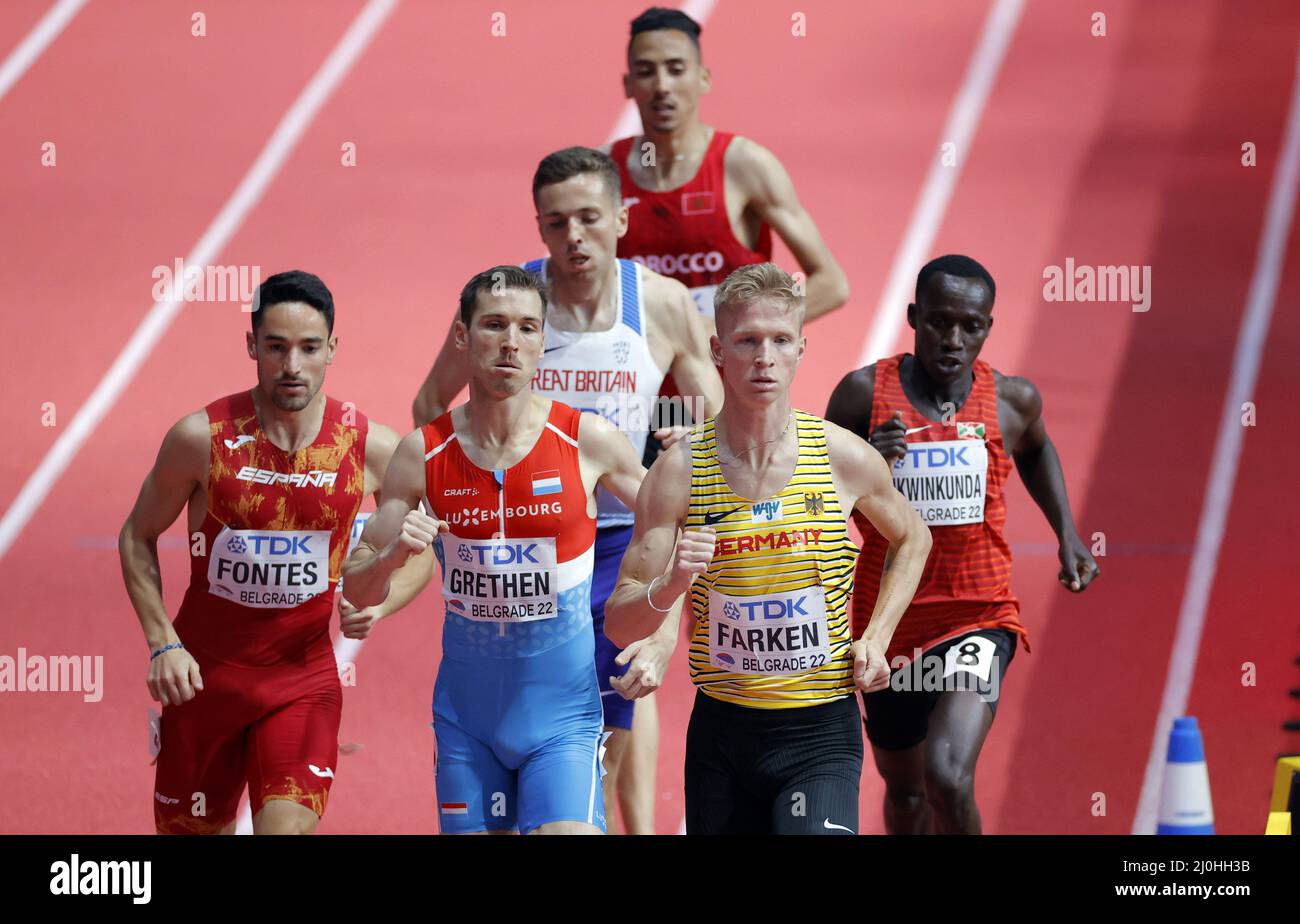 Belgrado, Serbia. 19th Mar 2022. Gli atleti si sfidano durante il caldo maschile del 1500m al World Athletics Indoor Championships Belgrado 2022 a Stark Arena, Belgrado, Serbia, 19 marzo 2022. Credit: Predrag Milosavljevic/Xinhua/Alamy Live News Foto Stock