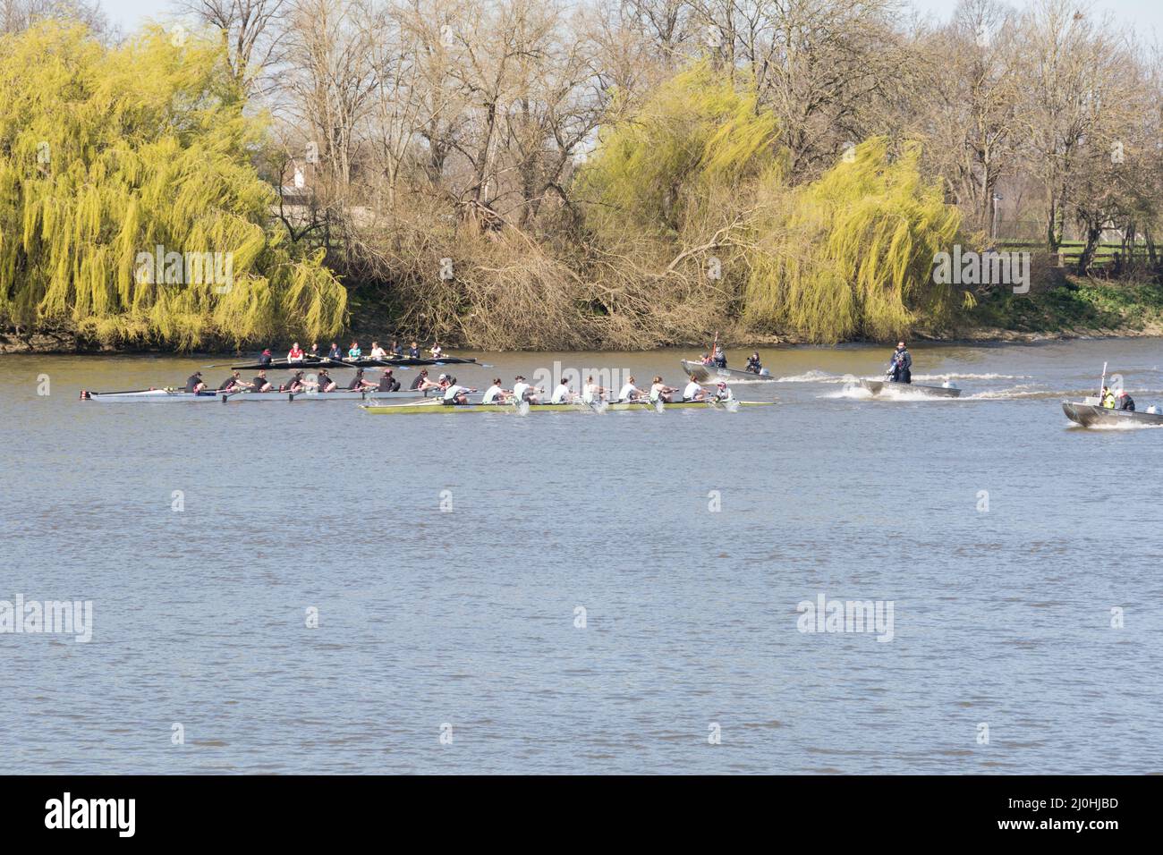 Cambridge University Women's Boat race crew praticare sul Tamigi Foto Stock