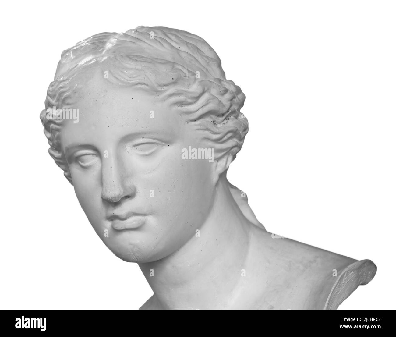 Copia in gesso dell'antica statua di Venere testa isolata su sfondo bianco. Scultura in gesso faccia donna Foto Stock