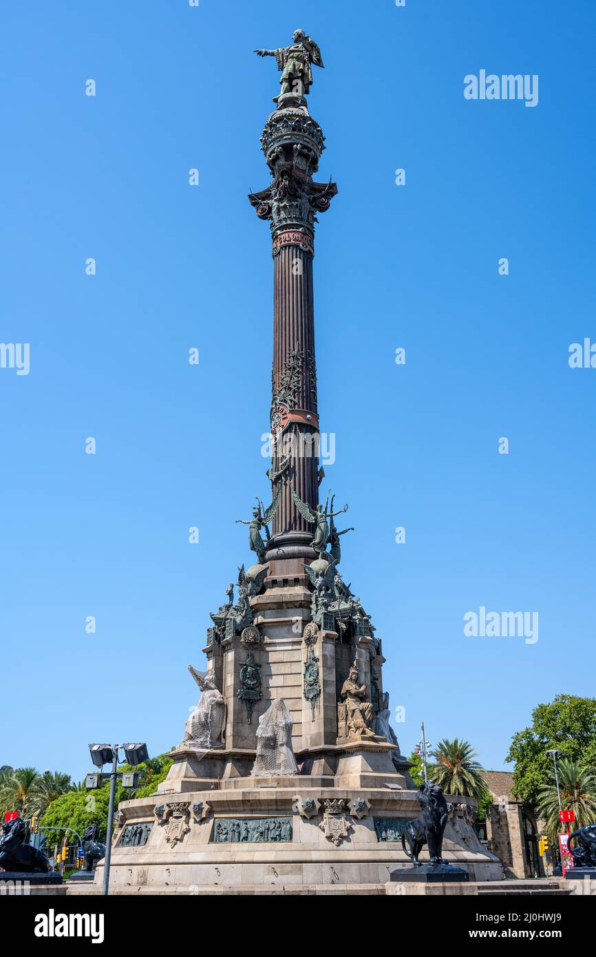 Il Monumento a Colombo alla fine della Rambla di Barcellona Foto Stock