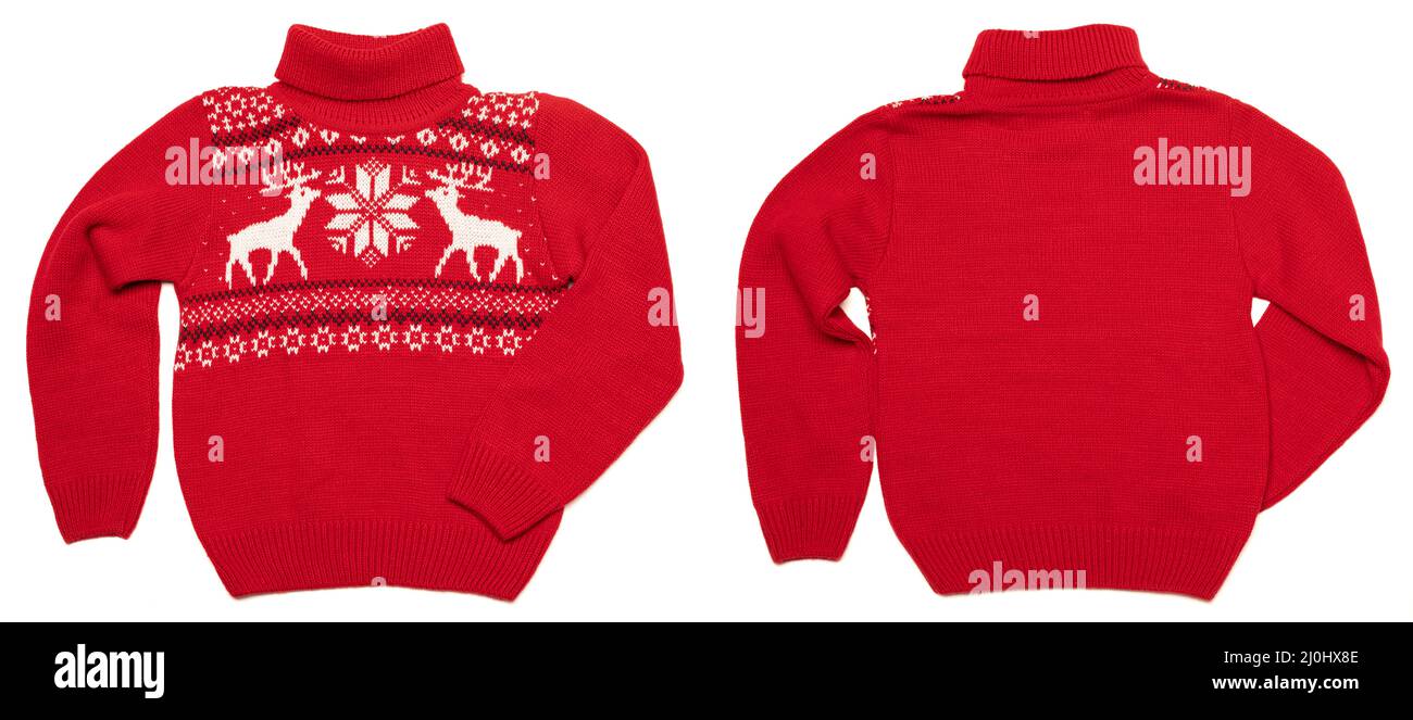 Jumper per dolcevita natalizio per bambini (pullover Ugly) con motivo rosa norvegese (Selburose) ornamento anteriore e posteriore su sfondo bianco Foto Stock