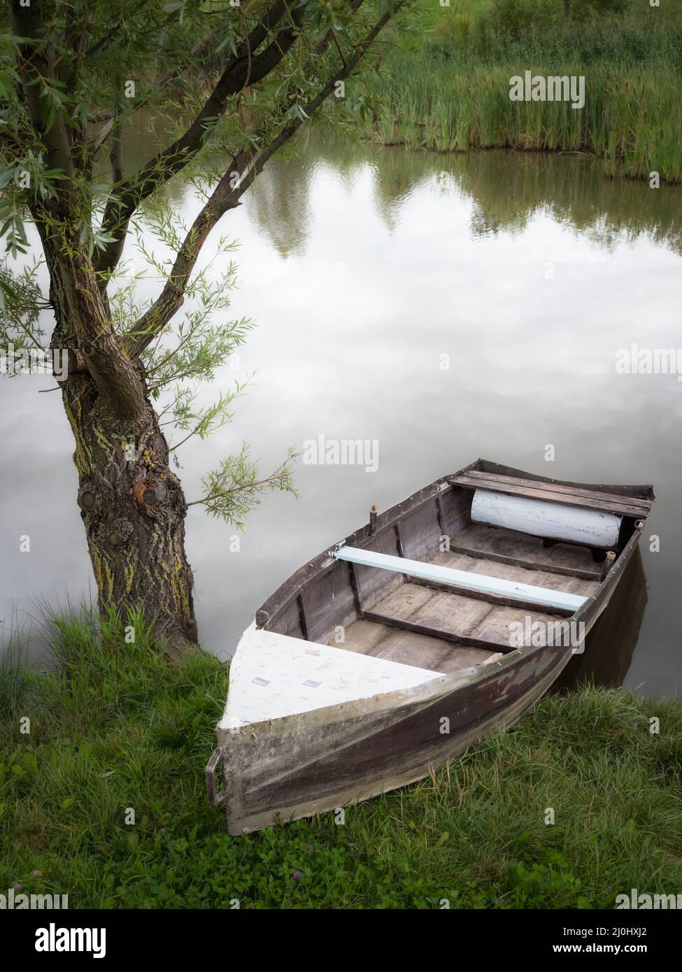 Una piccola barca a remi sulla riva di un piccolo lago nel Burgenland Foto Stock