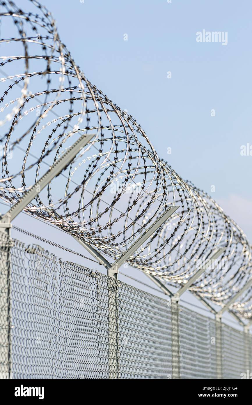 una recinzione di filo spinato per proteggere un bordo Foto Stock