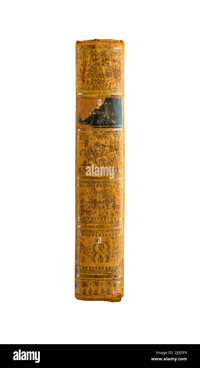 Dorso del vecchio libro su sfondo bianco Foto Stock