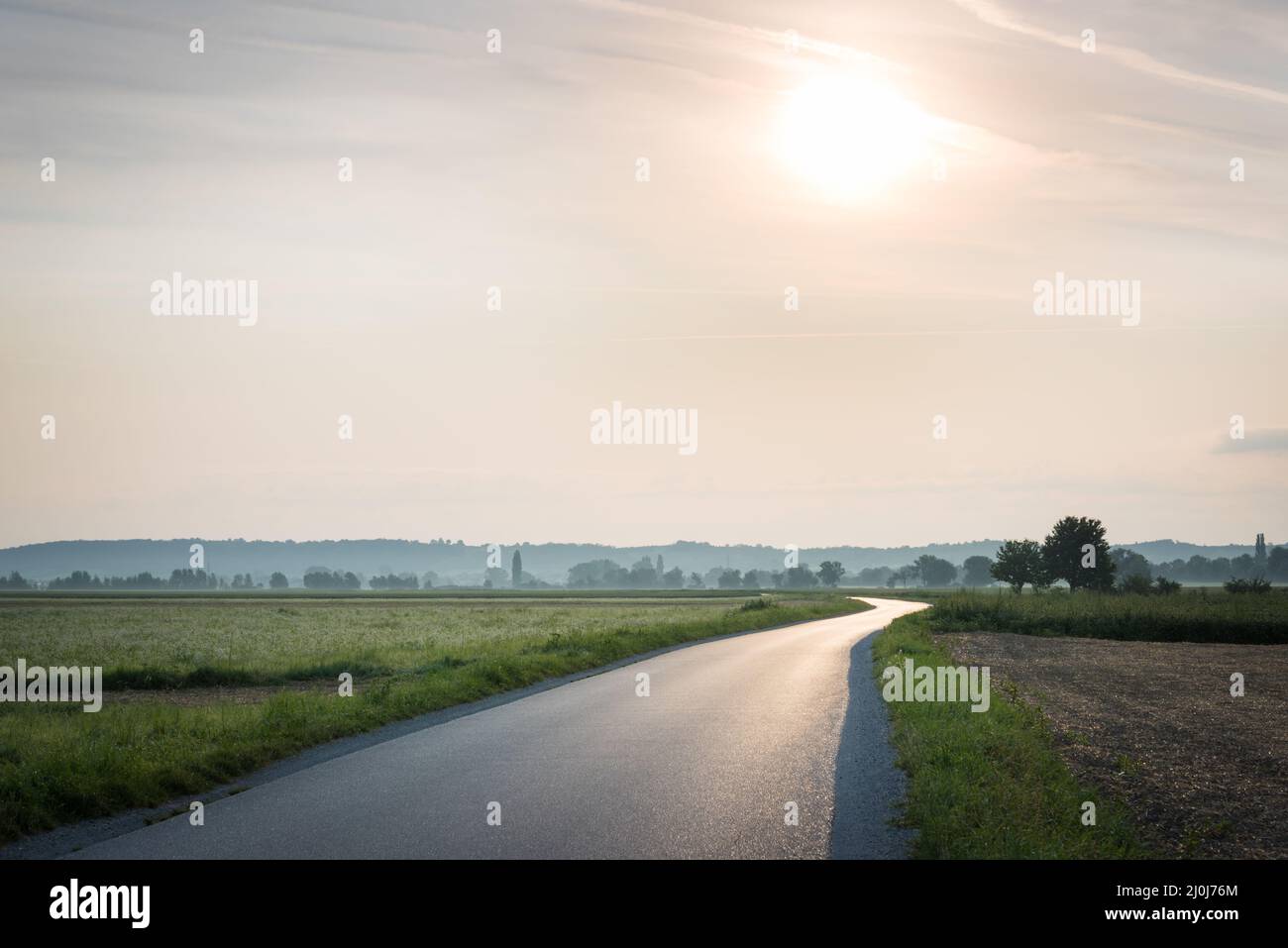 Strada di campagna in Burgenland in luce solare brillante Foto Stock